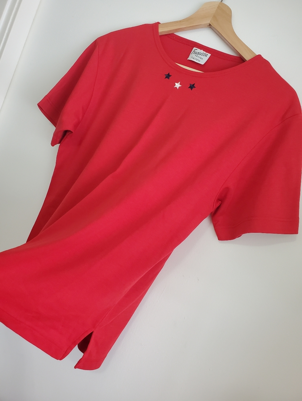 Vintage Francisca By Koret Oversized XS Red Basic Crew T-shirt Stars Embroidery